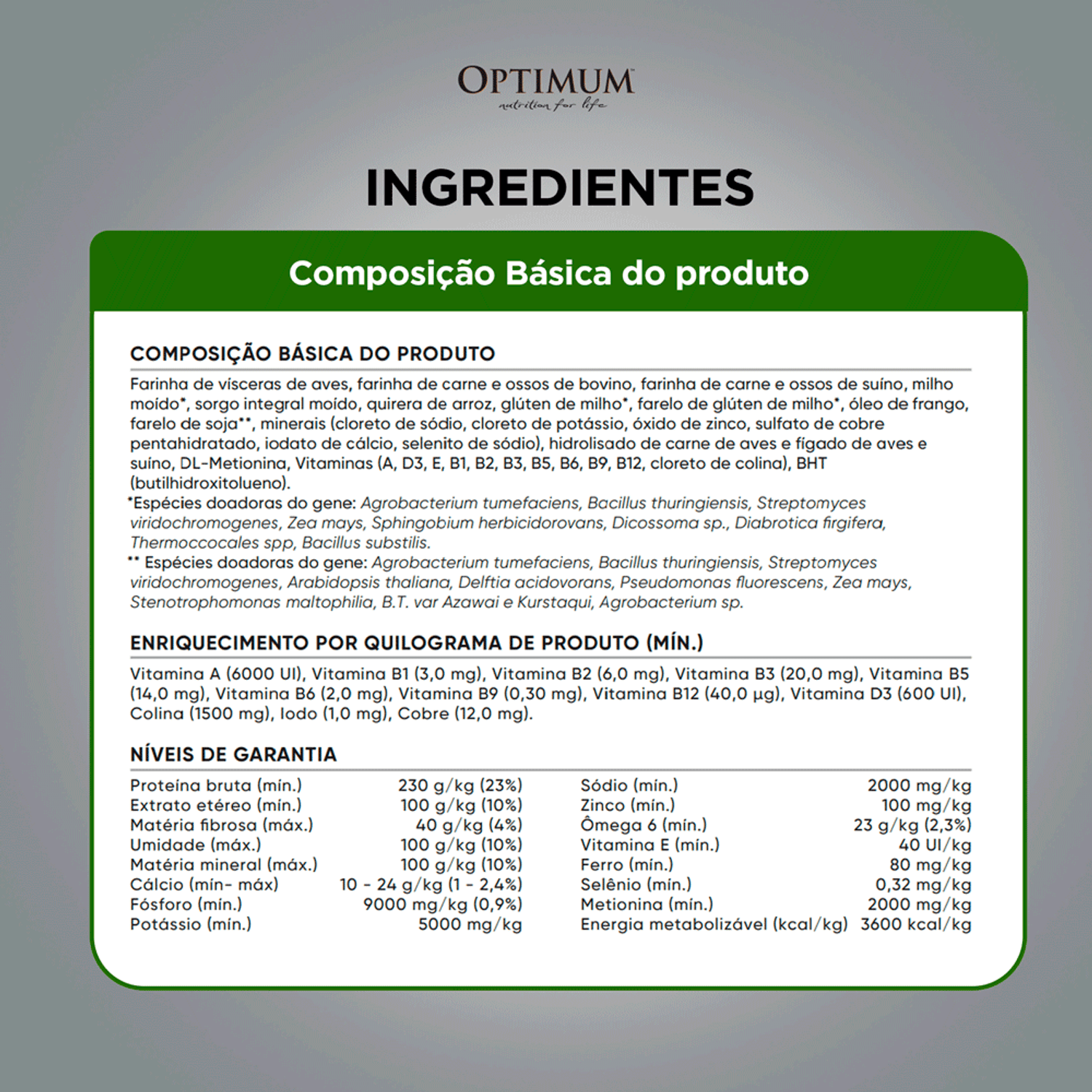 Ingredientes da Ração Optimum para Cães Adultos Raças Pequenas e Mini Frango e Arroz