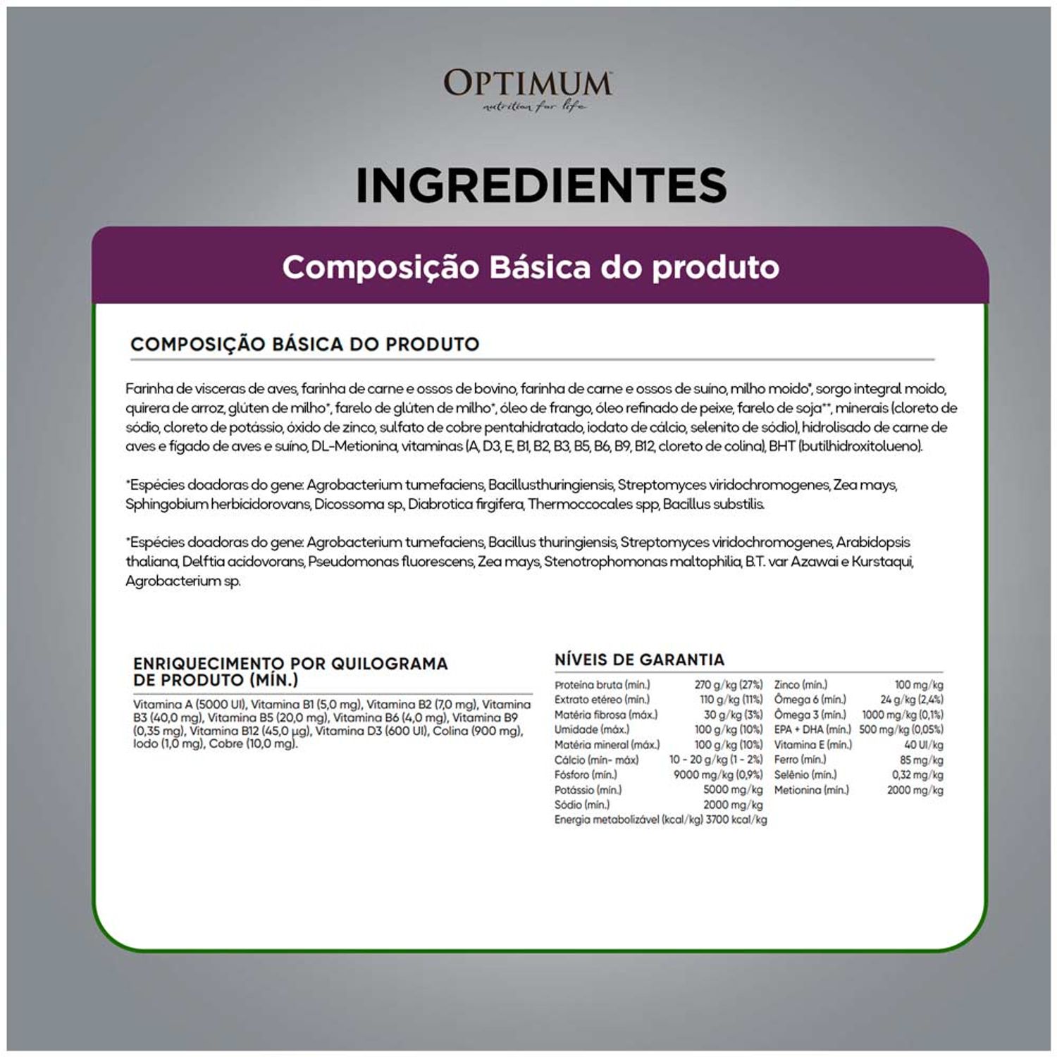 Ingredientes Ração Optimum para Cães Filhotes Raças Pequenas e Minis Frango e Arroz 1kg