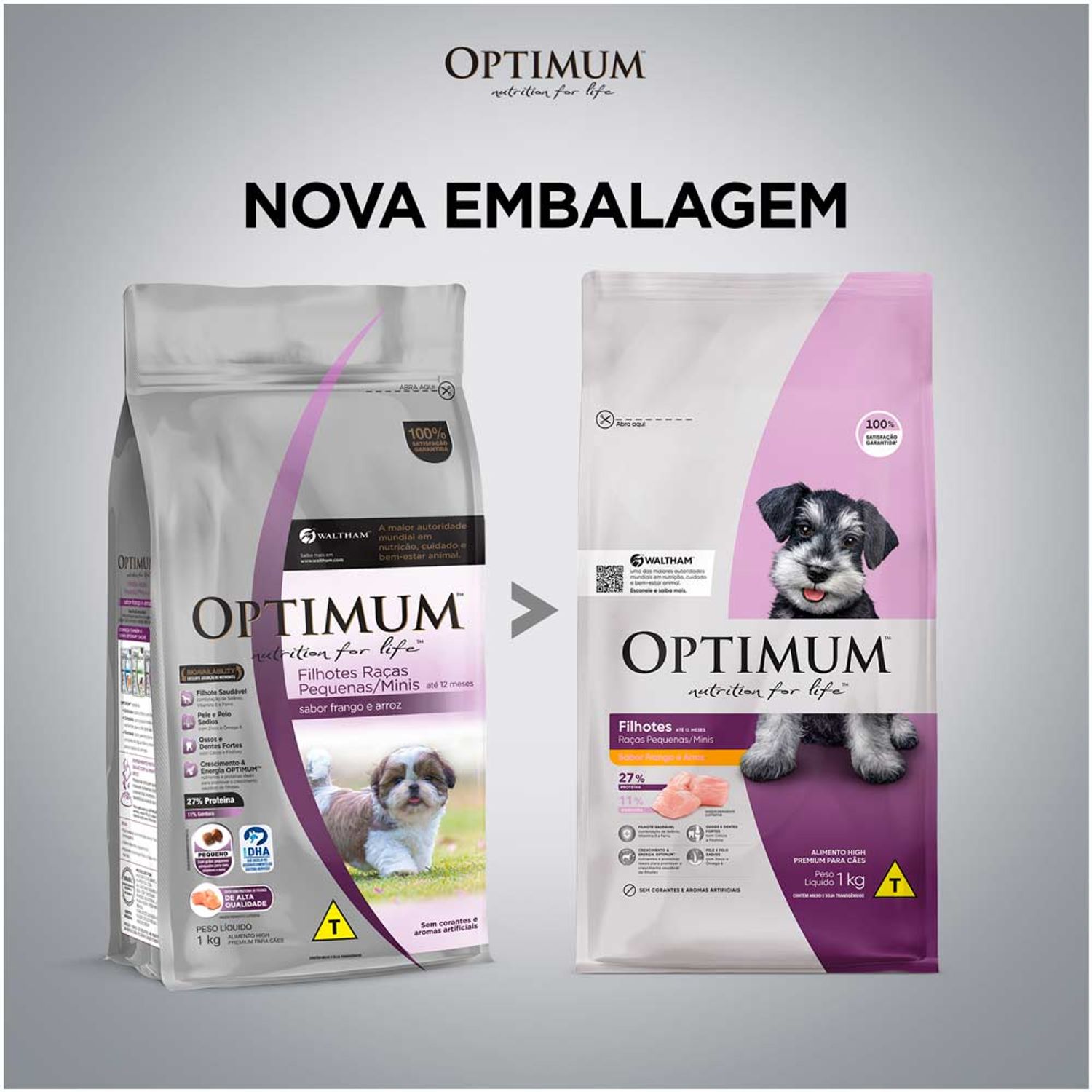 Nova embalagem Ração Optimum para Cães Filhotes Raças Pequenas e Minis Frango e Arroz 1kg