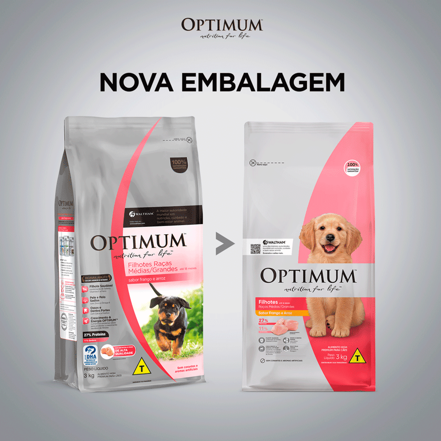 Troca de Embalagem da Ração Optimum para Cães Filhotes Raças Médias e Grandes Frango e Arroz