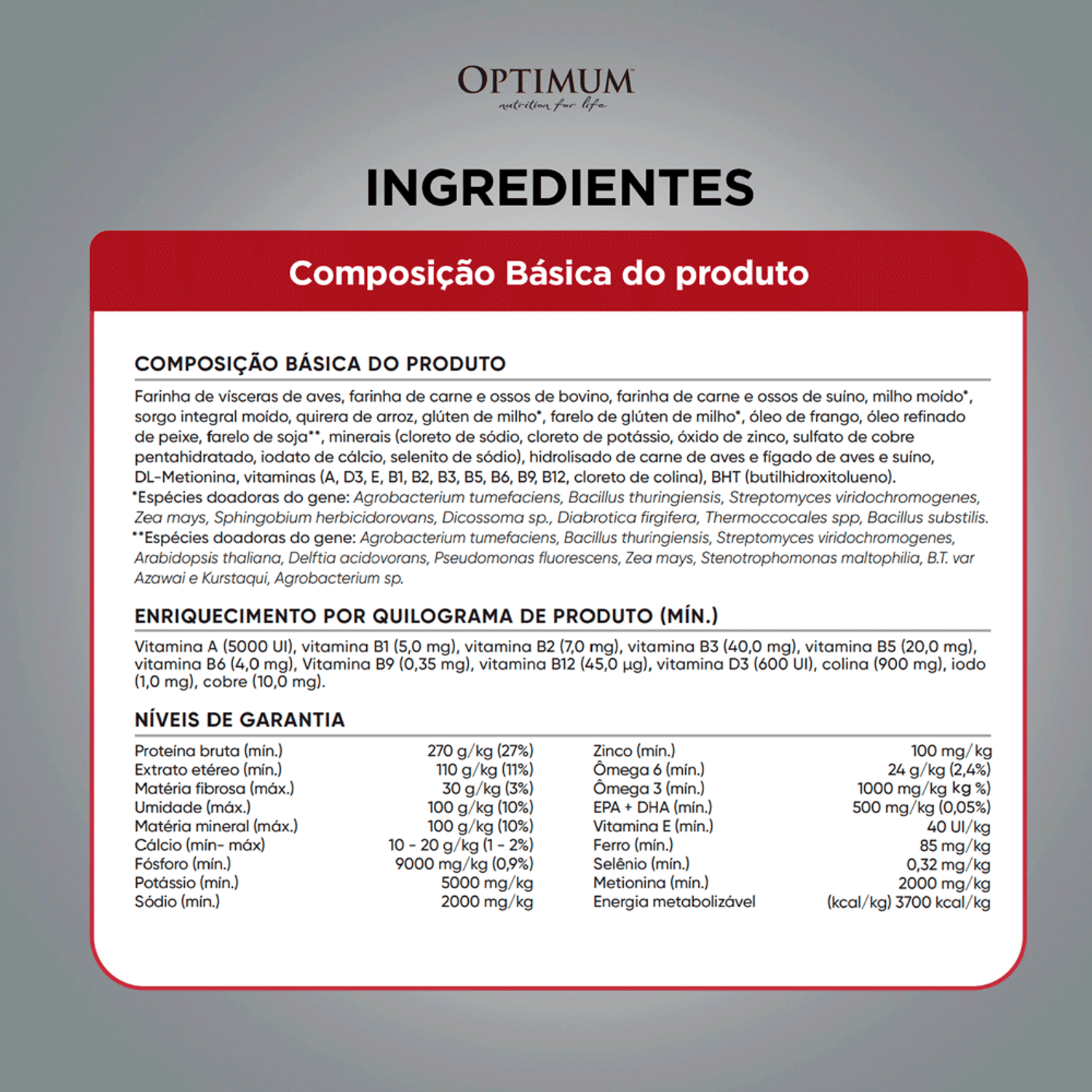 Ingredientes da Ração Optimum para Cães Filhotes Raças Médias e Grandes Frango e Arroz