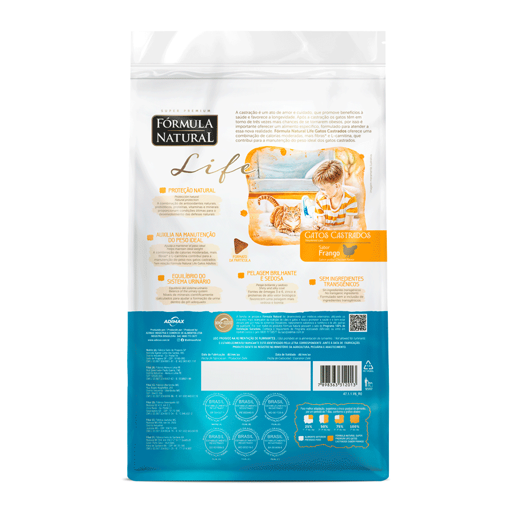Ração Fórmula Natural Life Gatos Castrados Frango
