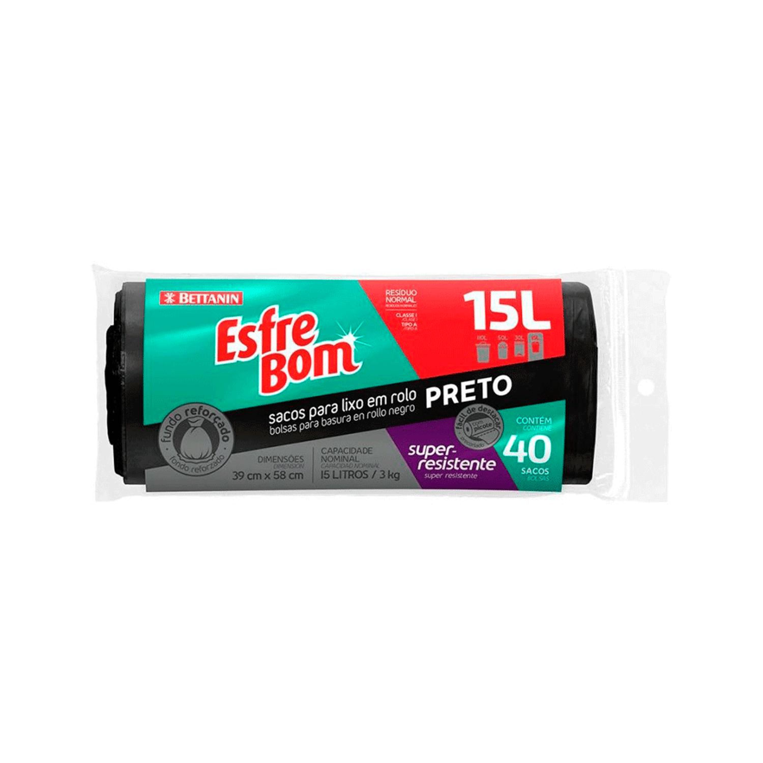 Saco para Lixo em Rolo Preto Esfrebom Bettanin 15L