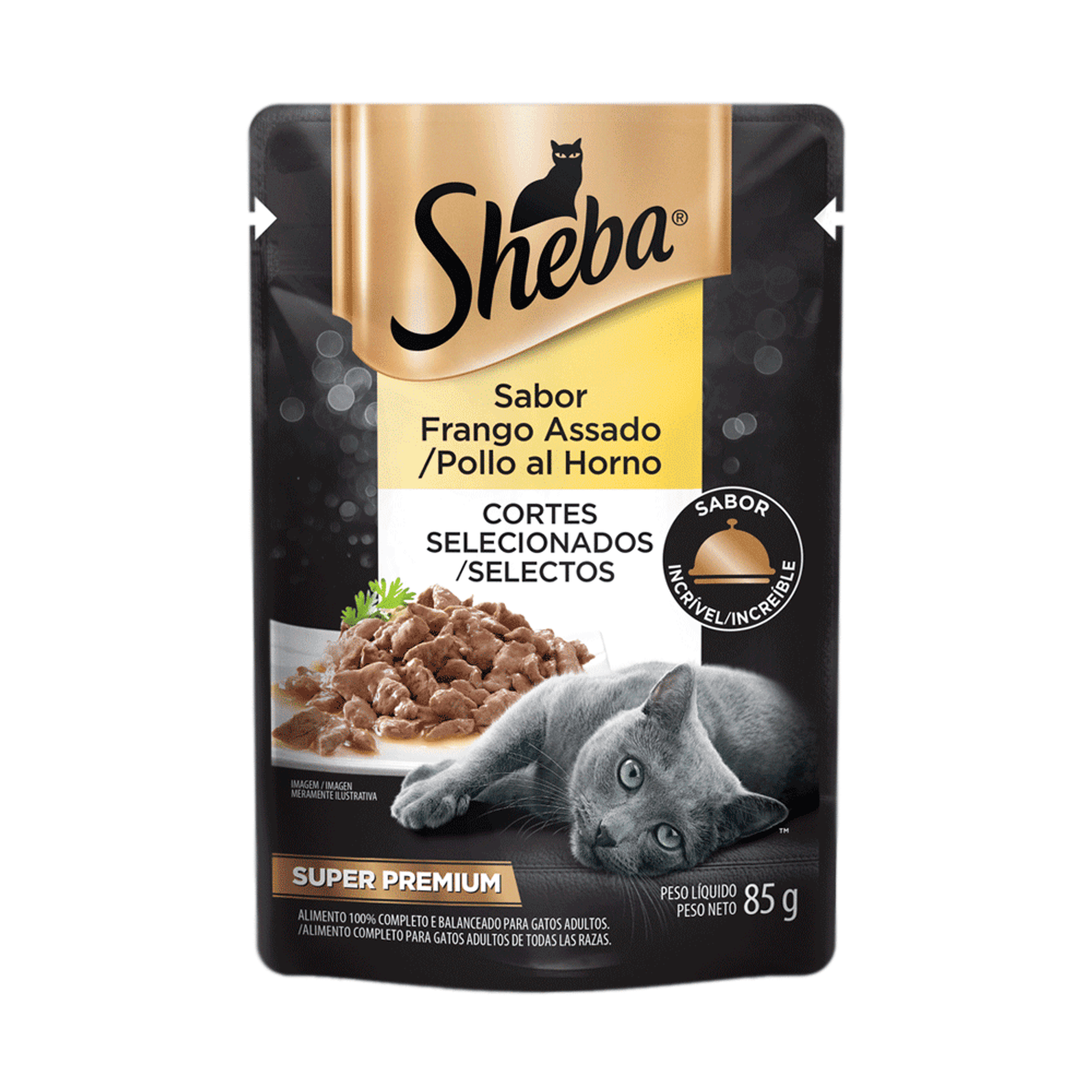 Racao-Umida-Sheba-Gatos-Adultos-Sache-Frango-Assado-85g-frente