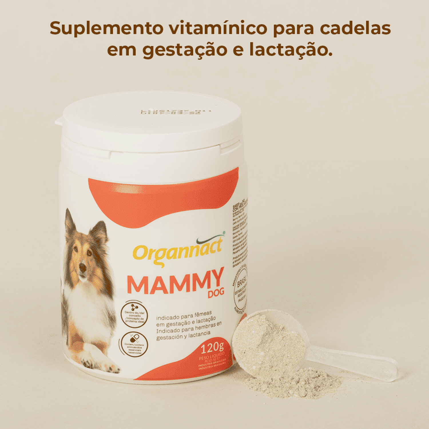 Suplemento Alimentar Organnact Mammy Dog - embalagem ao lado do dosador