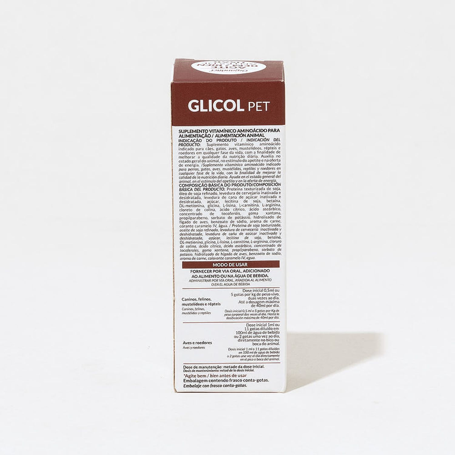Suplemento Glicol Pet Organnact 30 ml Verso da Embalagem