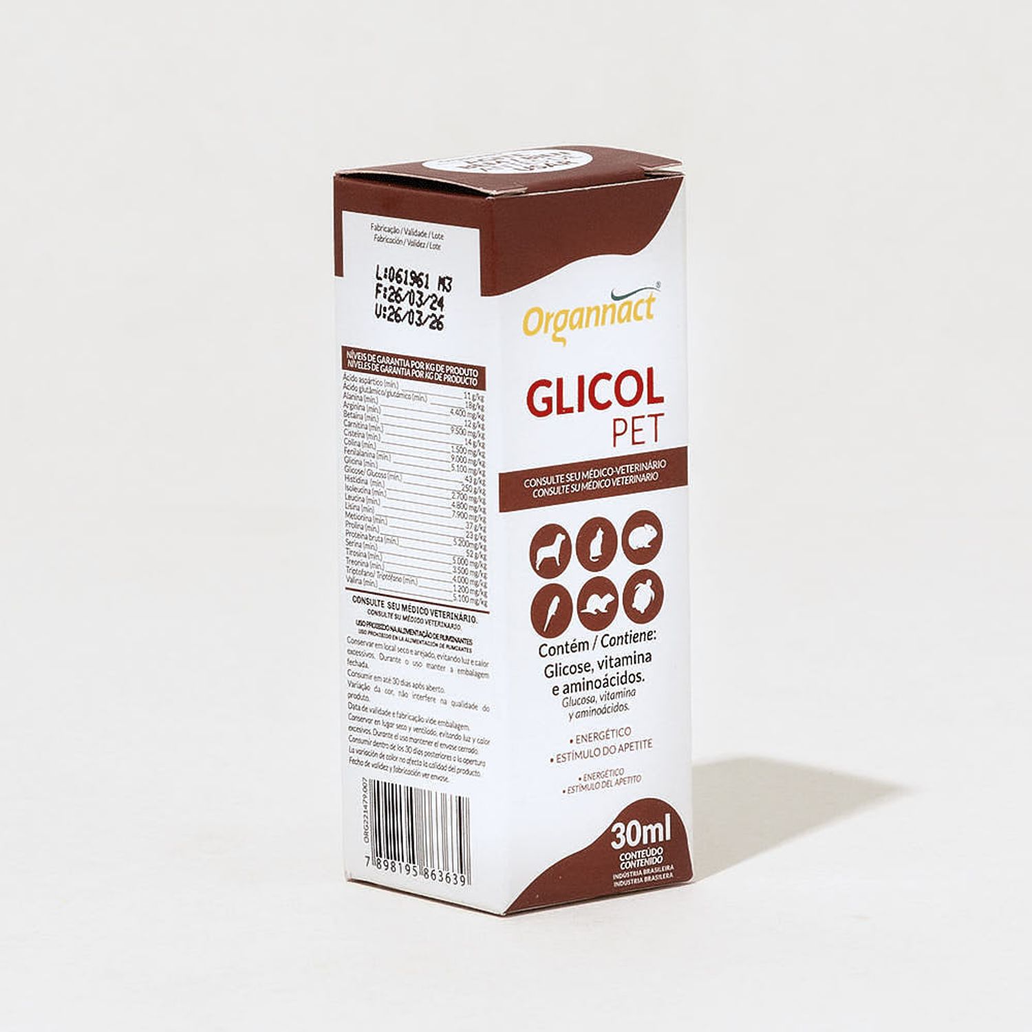 Suplemento Glicol Pet Organnact 30 ml Lado da Embalagem