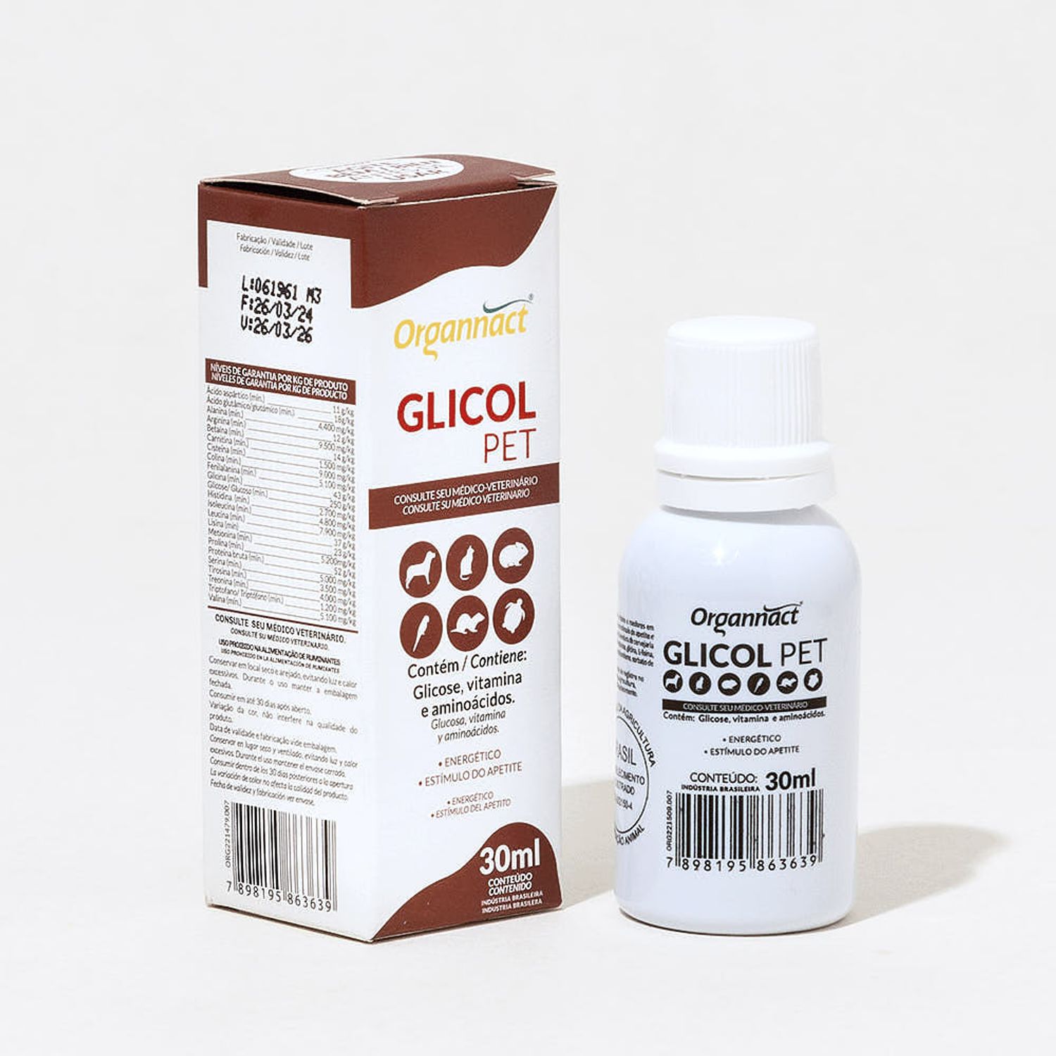 Suplemento Glicol Pet Organnact 30 ml Embalagem e Frasco