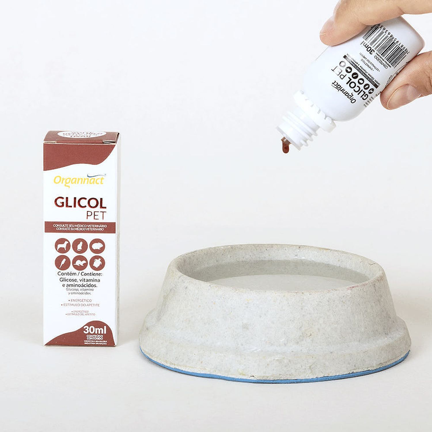 Suplemento Glicol Pet Organnact 30 ml Embalagem e Medicamento Colocado no Bebedouro