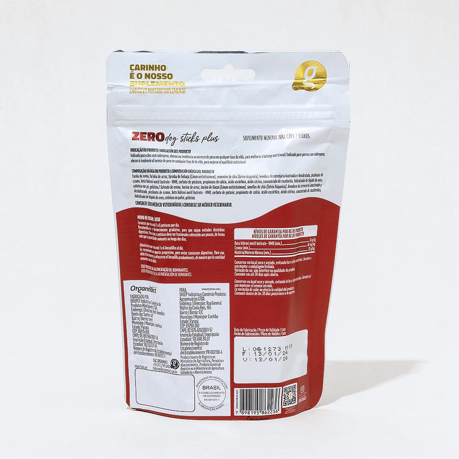 Organnact Zero Dog Sticks 160 g Verso da Embalagem