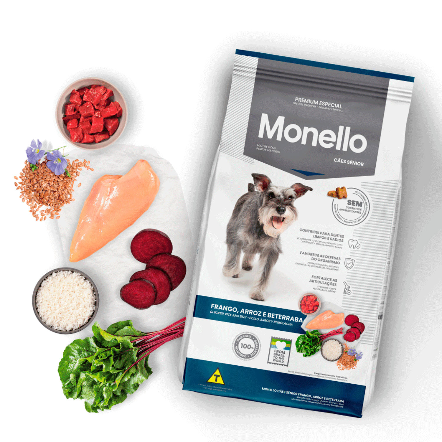 Ingredientes da Ração Monello Cães Senior Frango, Arroz e Beterraba