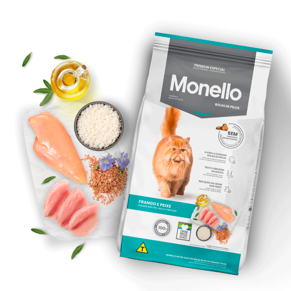 Ração Monello Gatos Adultos Bola de Pelo Frango e Peixe