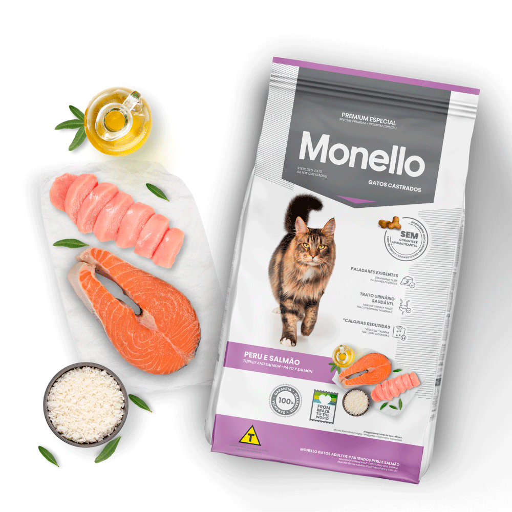 Ração Monello Gatos Adultos Castrados Peru e Salmão