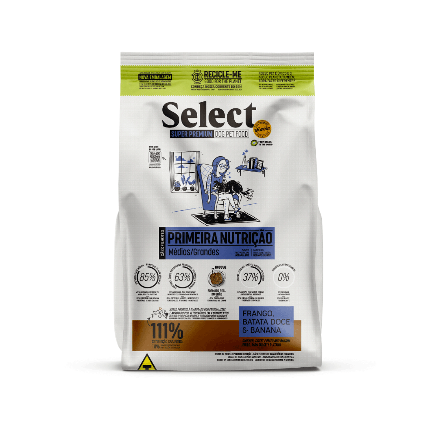 Frente da Ração Monello Select Cães Filhotes Raças Médias e Grandes Primeira Nutrição