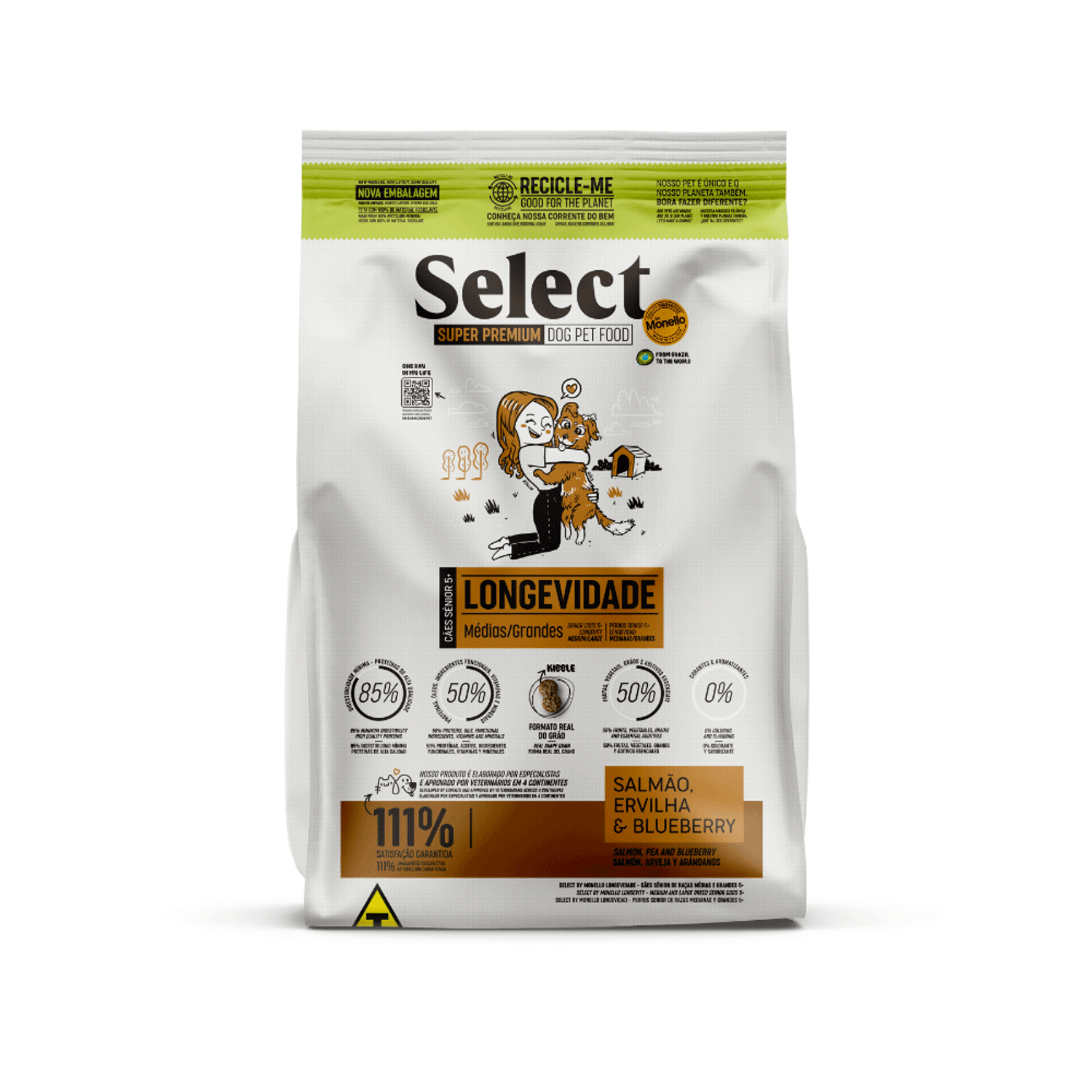 Frente da Ração Monello Select Cães Senior 5+ Raças Médias e Grandes Longevidade
