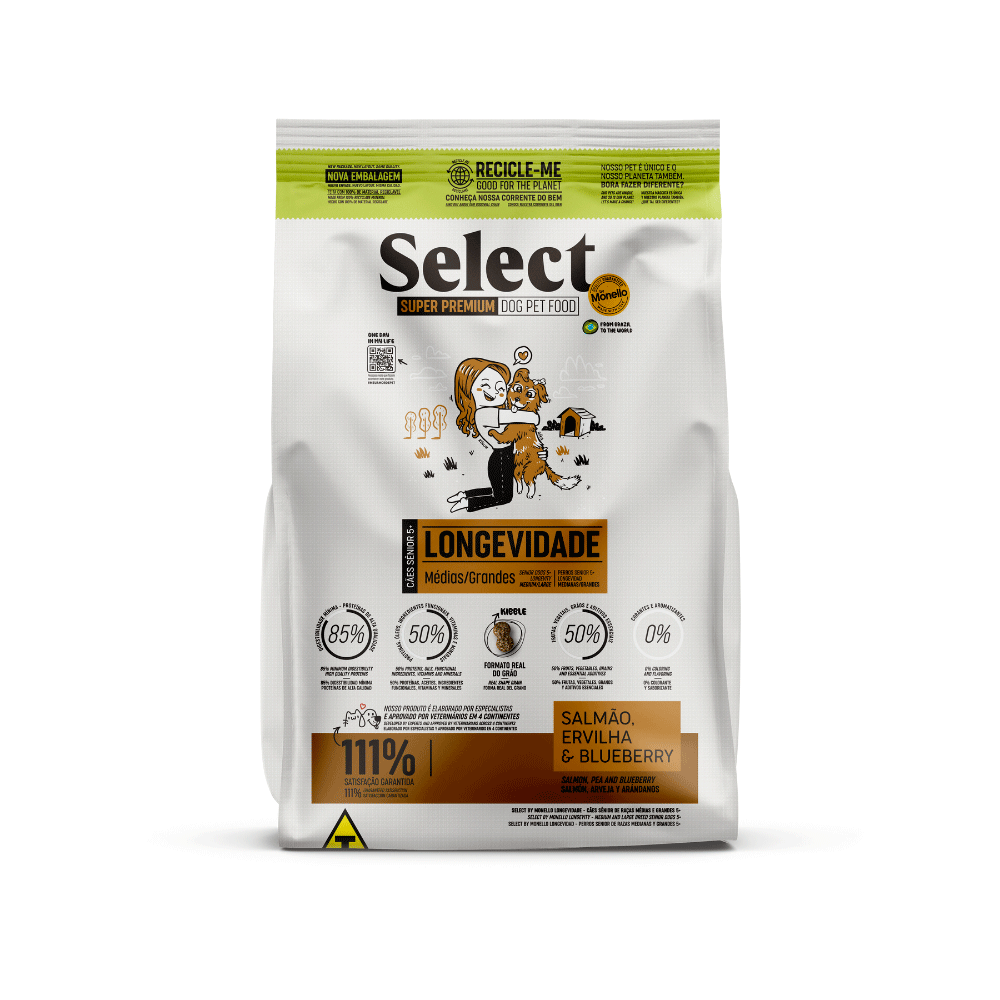 Ração Monello Select Cães Senior 5+ Raças Médias e Grandes Longevidade