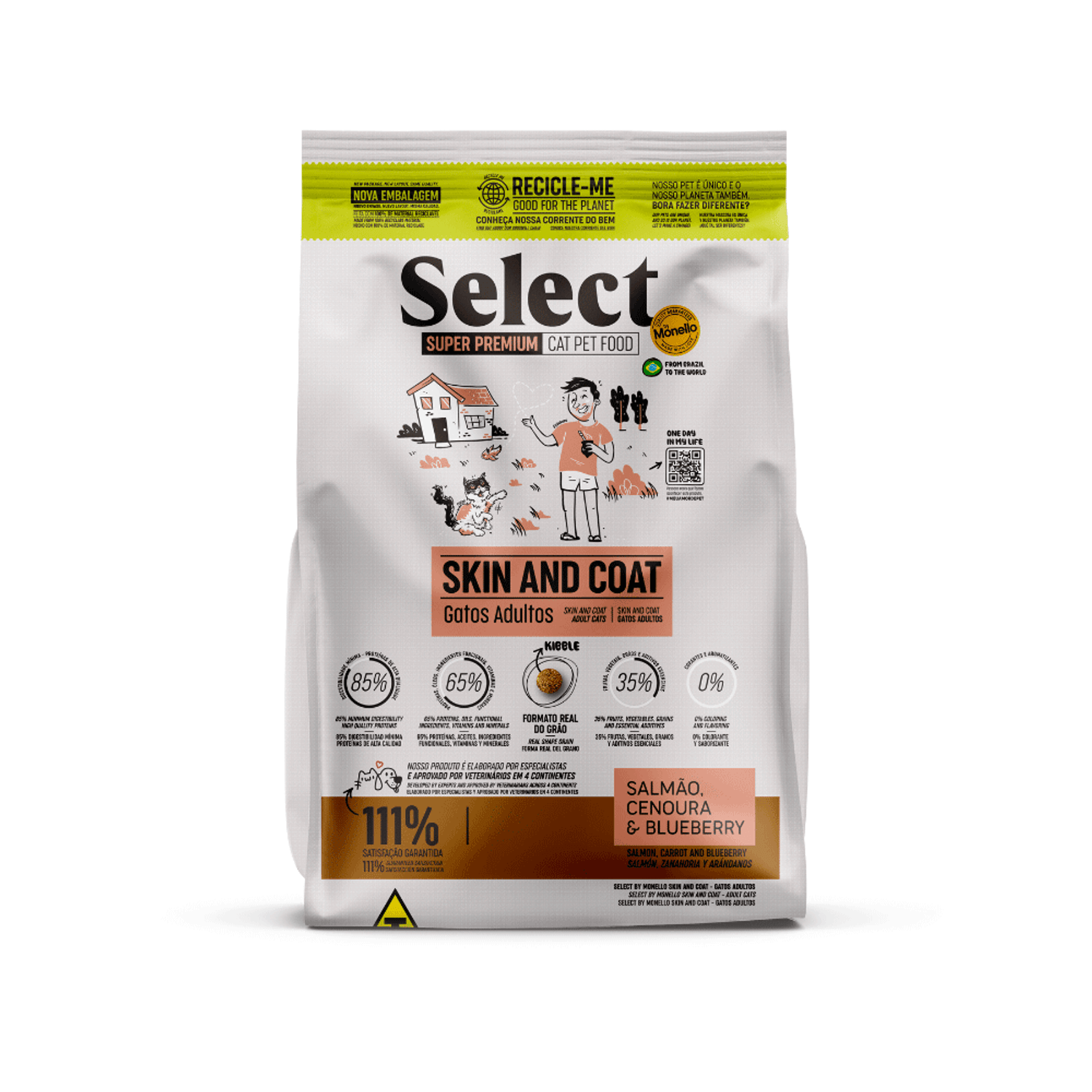Frente da Ração Monello Select Gatos Adultos Skin and Coat