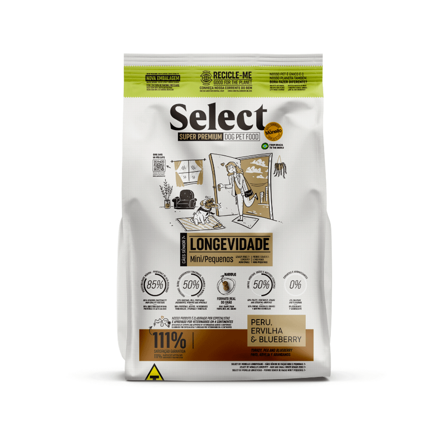 Frente da Ração Monello Select Cães Senior 7+ Raças Mini e Pequenas Longevidade