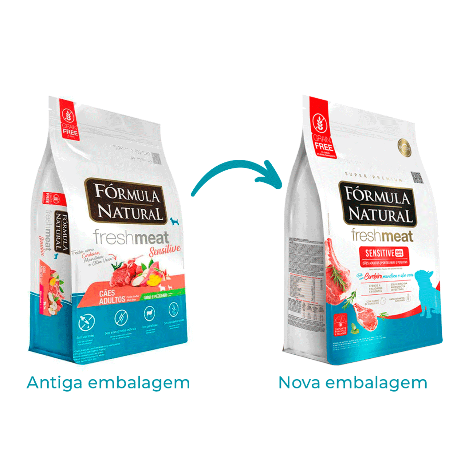 Troca-de-Embalagem-da-Racao-Formula-Natural-Fresh-Meat-Sensitive-Caes-Adultos-Portes-Mini-e-Pequeno
