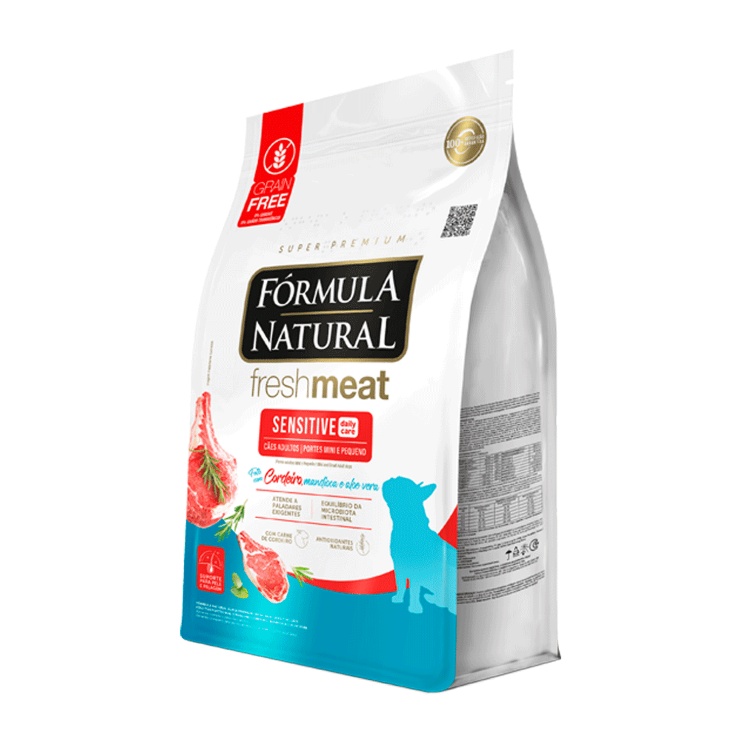 Lateral-da-Racao-Formula-Natural-Fresh-Meat-Sensitive-Caes-Adultos-Portes-Mini-e-Pequeno