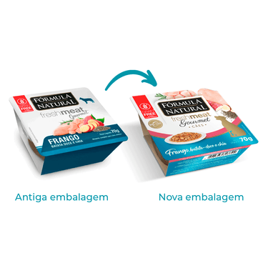 Troca de Embalagem da Ração Úmida Fórmula Natural Fresh Meat Gourmet Cães Adultos Frango, Batata Doce e Chia