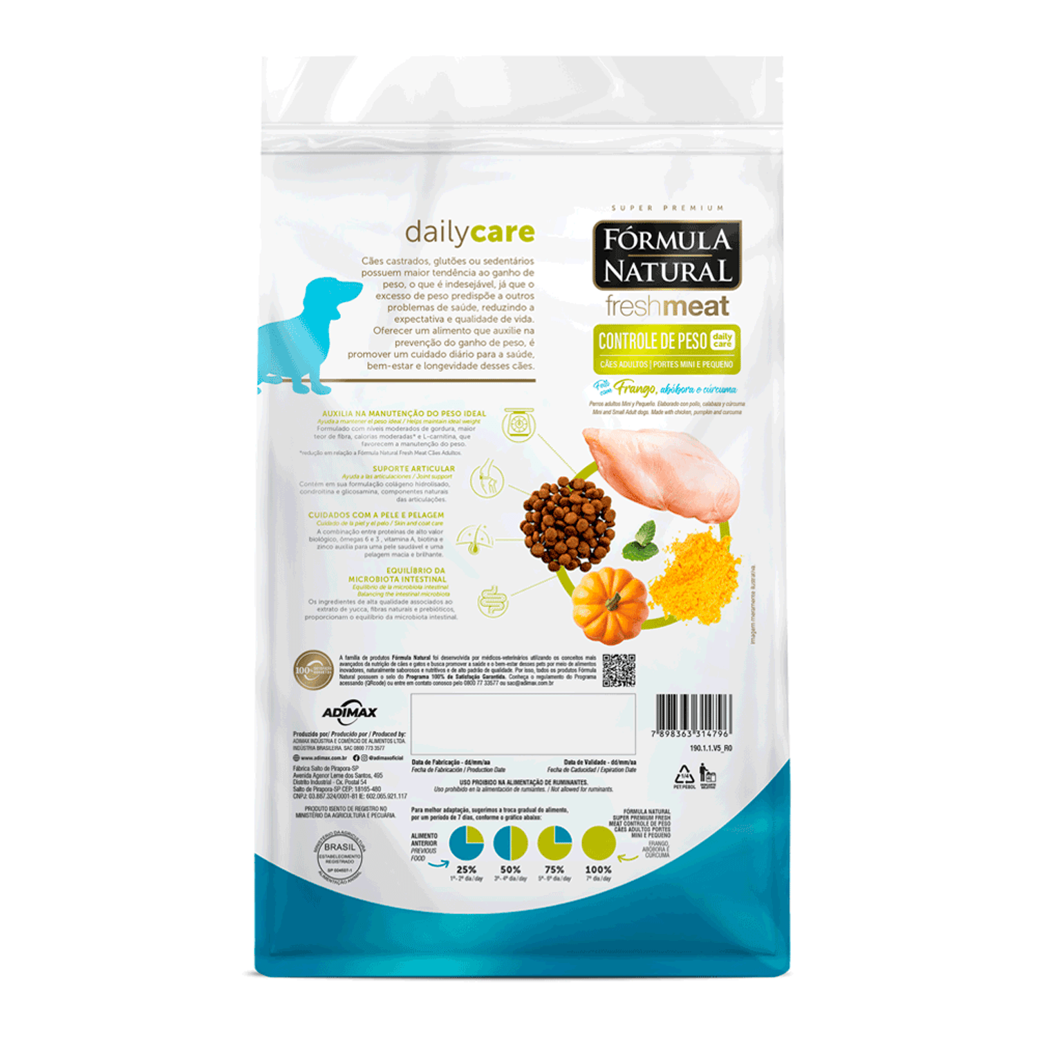 Verso-da-Racao-Formula-Natural-Fresh-Meat-Controle-de-Peso-Caes-Mini-e-Pequeno-Frango