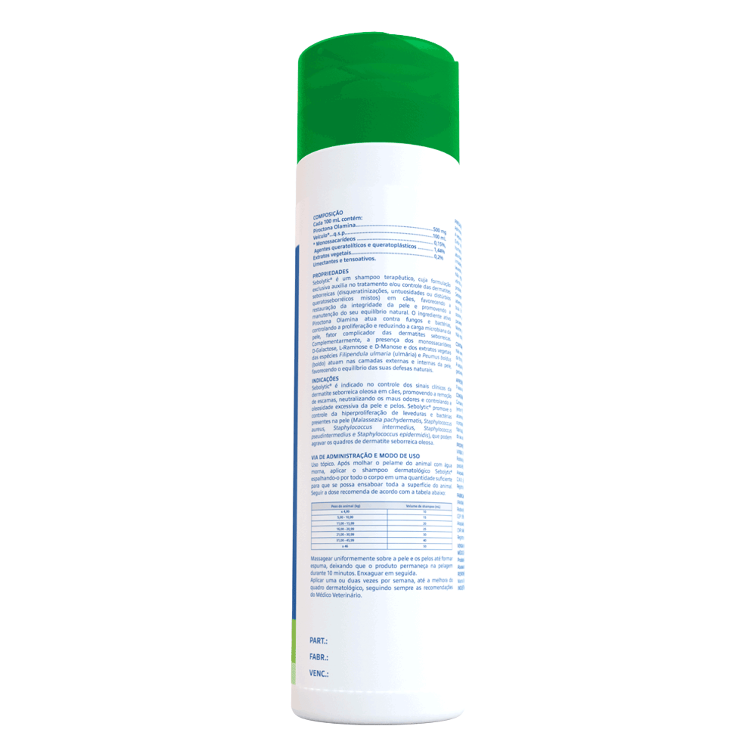 Verso do Shampoo Sebolytic Virbac 250 ml
