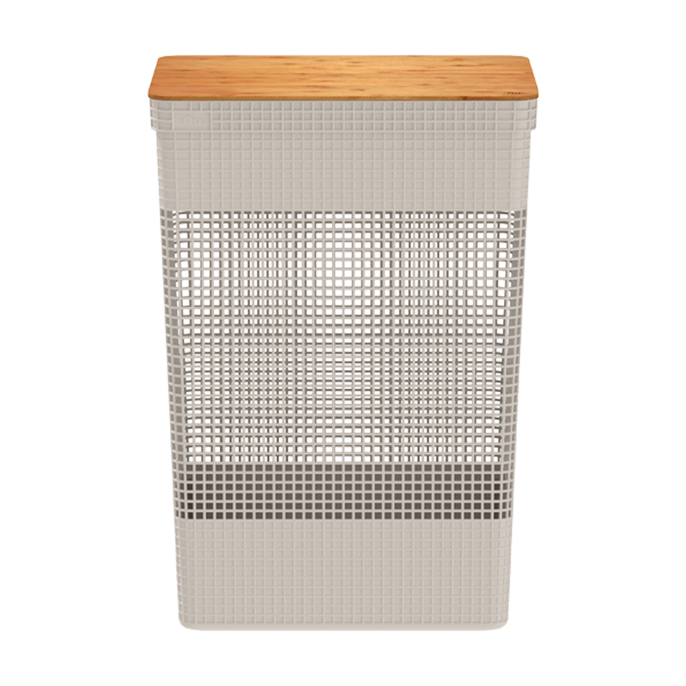 Cesto de Roupa Grid com Tampa de Bambu Bege Ou
