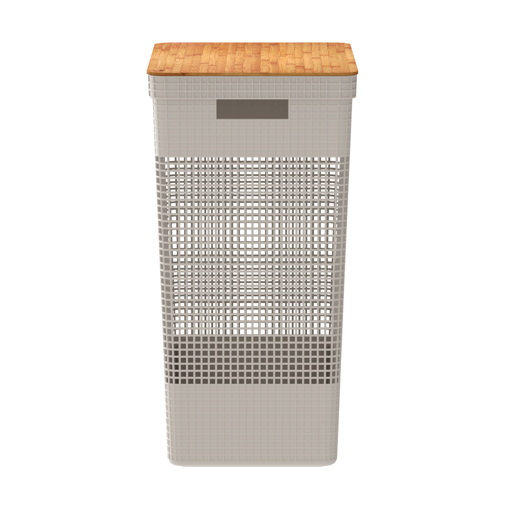 Cesto de Roupa Grid com Tampa de Bambu Bege Ou