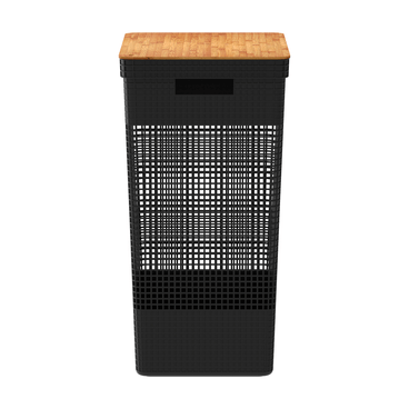 Lateral-do-Cesto-de-Roupa-Grid-com-Tampa-de-Bambu-Preto-Ou