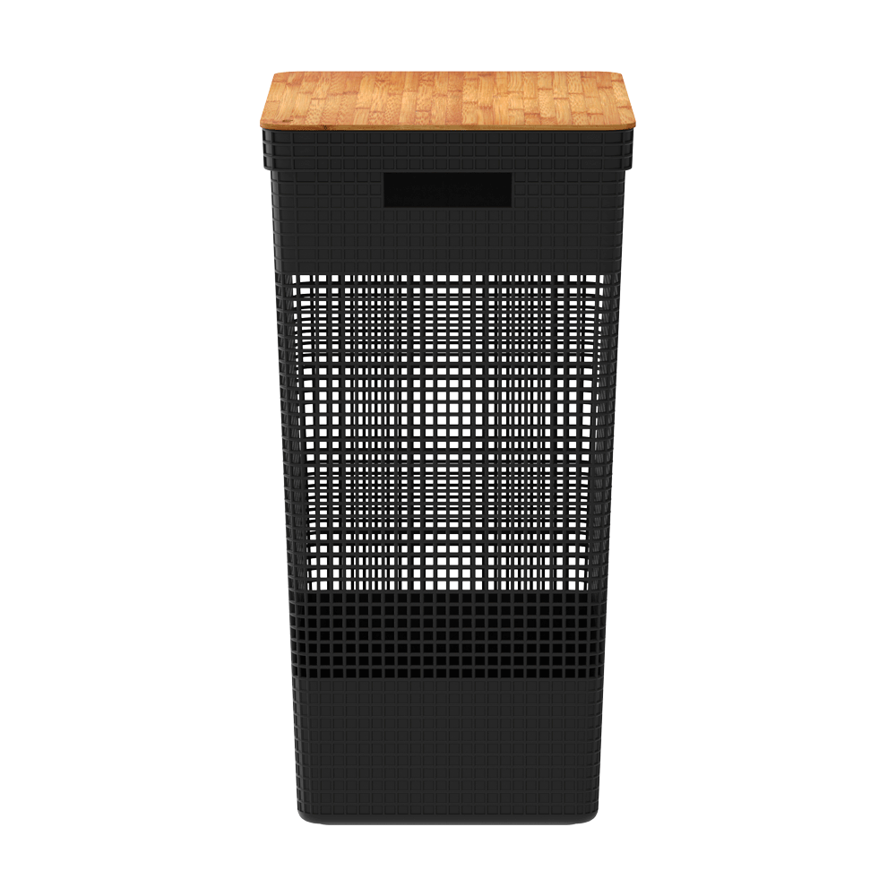 Cesto de Roupa Grid com Tampa de Bambu Preto Ou