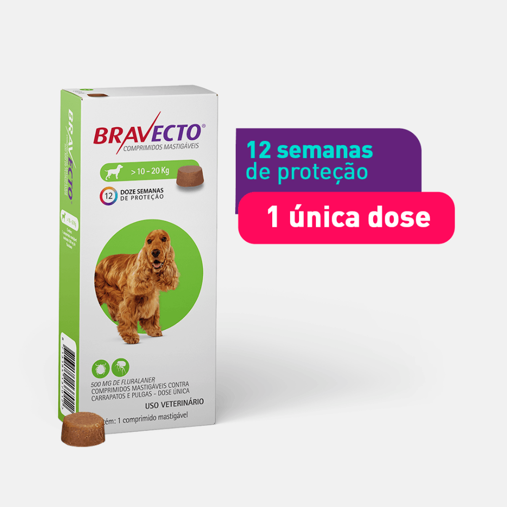 Antipulgas e Carrapatos Bravecto 10 kg a 20 kg Cães 500mg