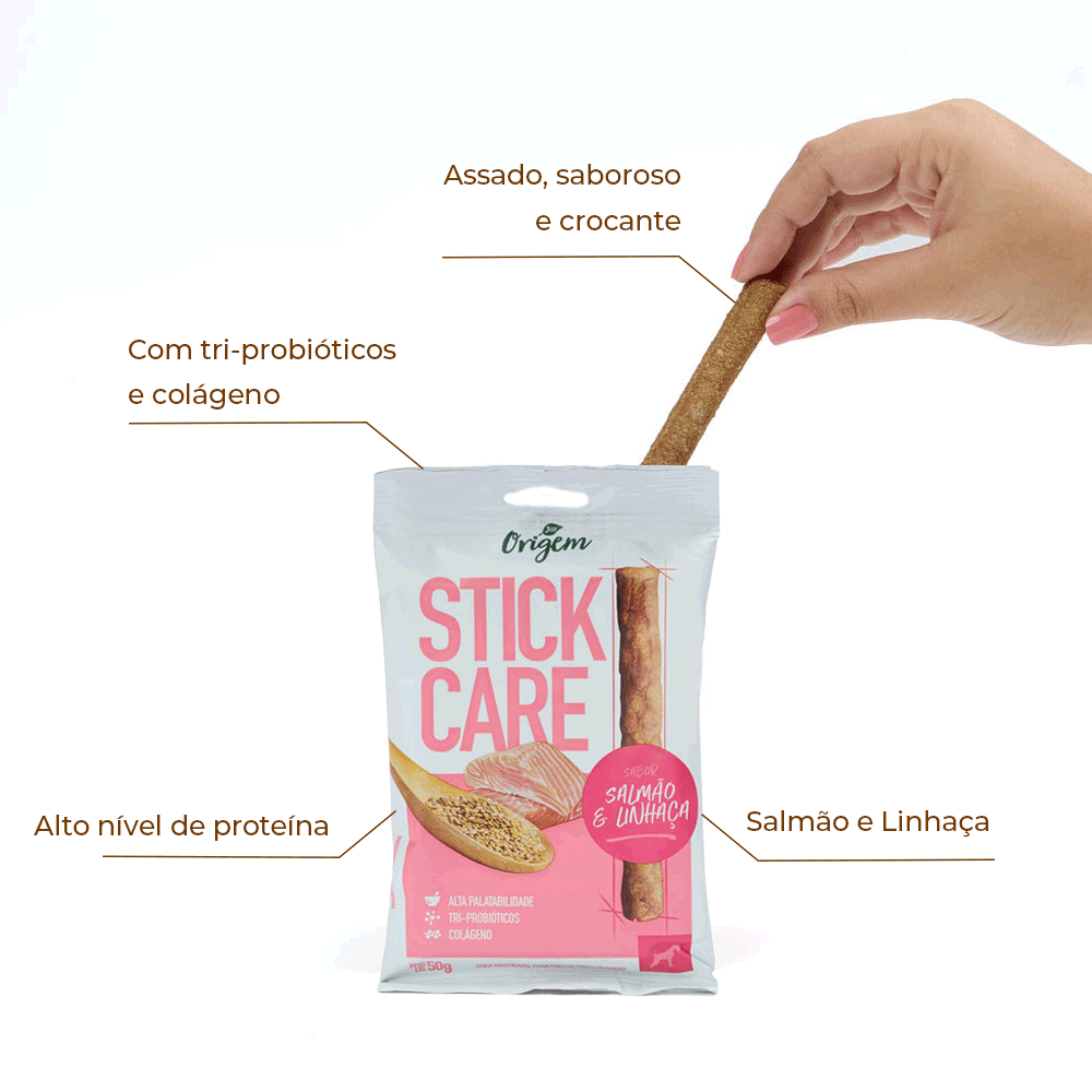 Petisco Stick Care Cães Origem Natural Salmão e Linhaça