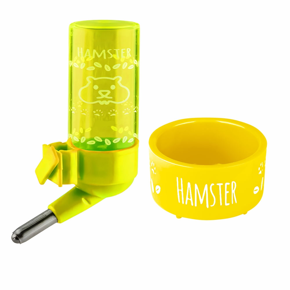 Kit Comedouro e Bebedouro Hamster Animalíssimo Amarelo