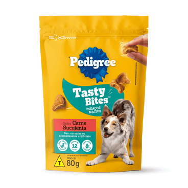 Petisco Pedigree Tasty Bites Cães Adultos Carne Suculenta embalagem