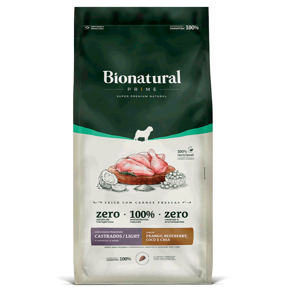 Ração Bionatural Prime Light Cães Adultos Raças Pequenas Castrados Frango