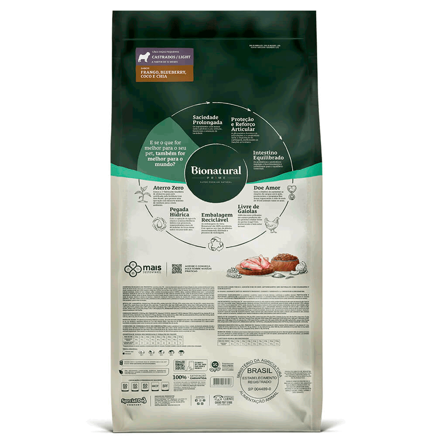Verso da Ração Bionatural Prime Light Cães Adultos Raças Pequenas Castrados Frango