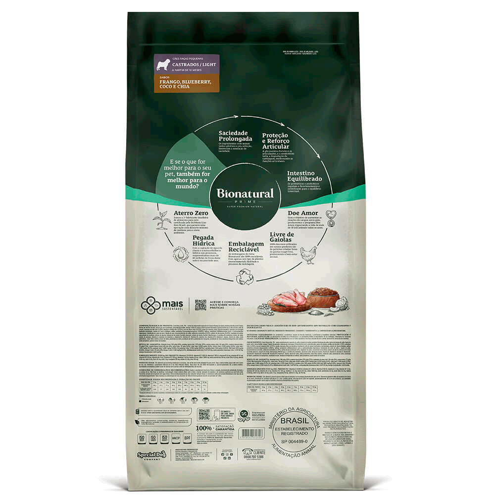 Ração Bionatural Prime Light Cães Adultos Raças Pequenas Castrados Frango