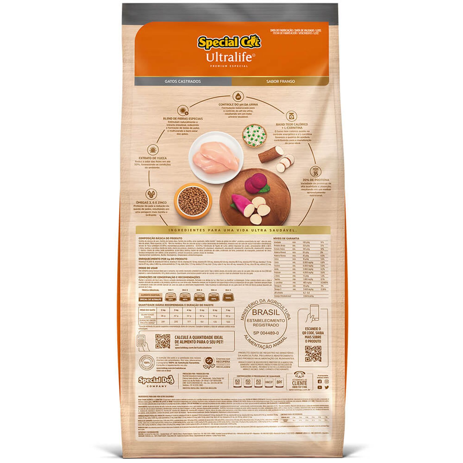 Verso da Ração Special Cat Ultralife Gatos Castrados Frango