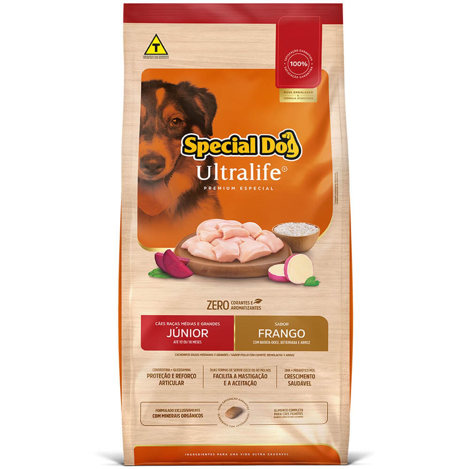 Frente da Ração Special Dog Ultralife Cães Júnior Raças Médias e Grandes Frango