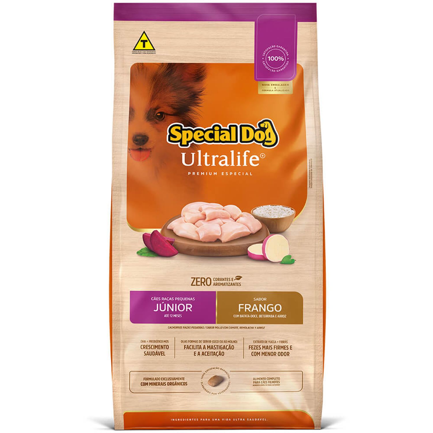 Frente da Ração Special Dog Ultralife Cães Júnior Raças Pequenas Frango