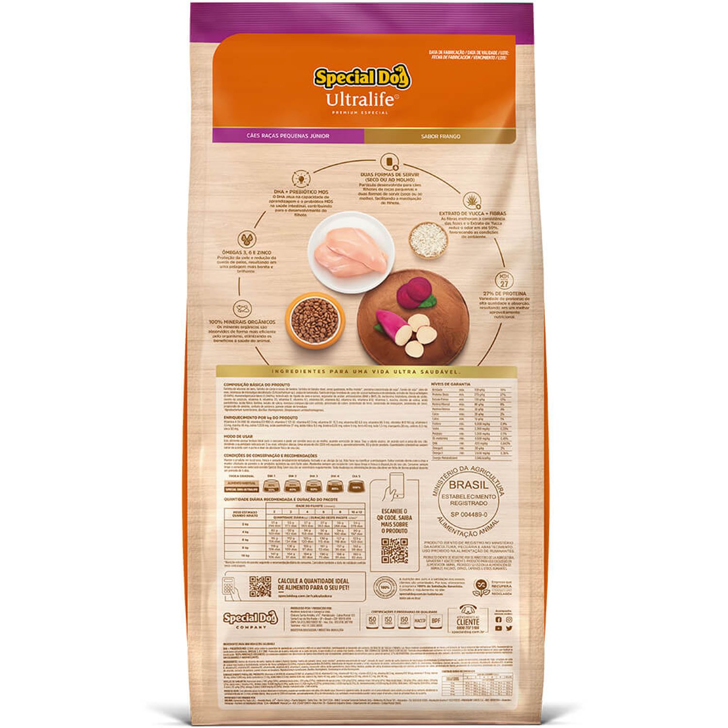 Verso da Ração Special Dog Ultralife Cães Júnior Raças Pequenas Frango