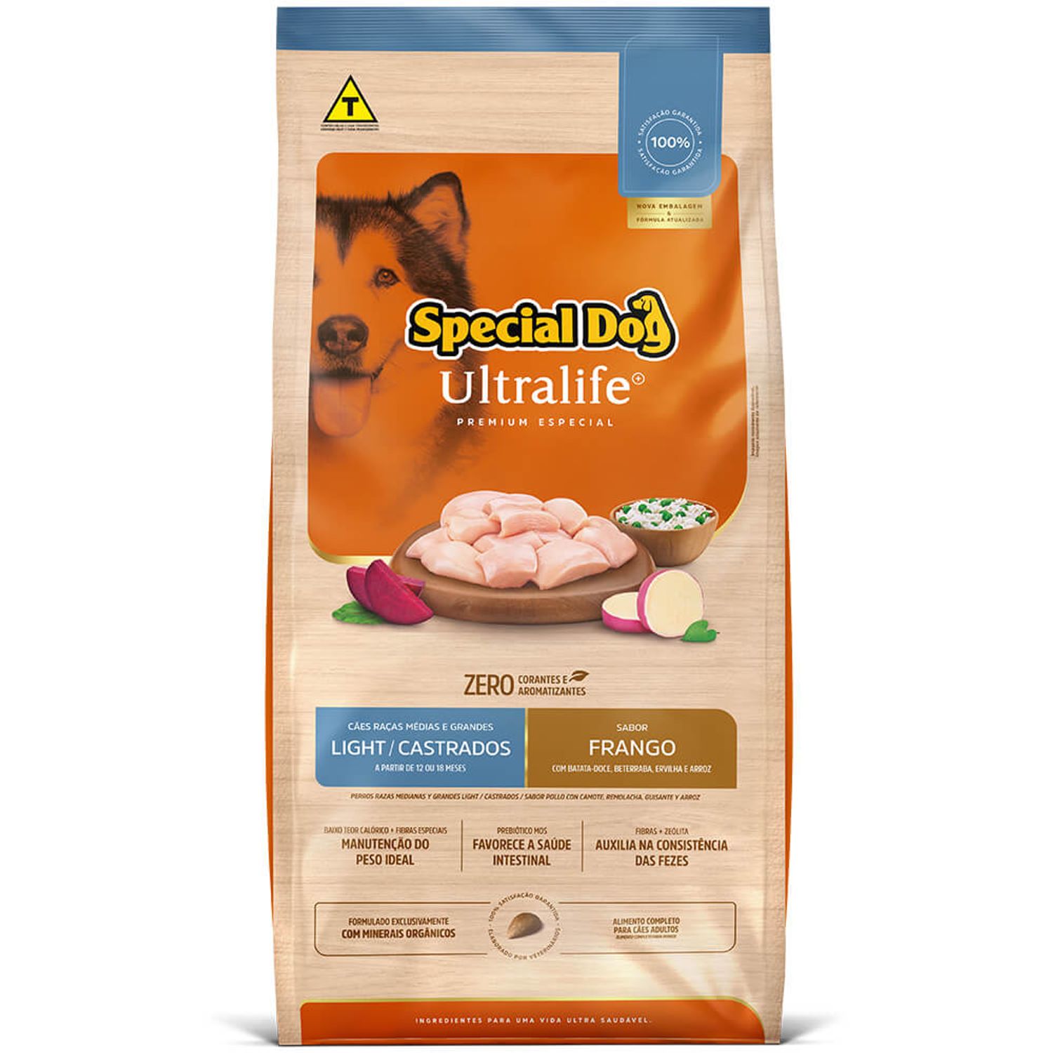 Frente da Ração Special Dog Ultralife Light Cães Castrados Raças Médias e Grandes Frango