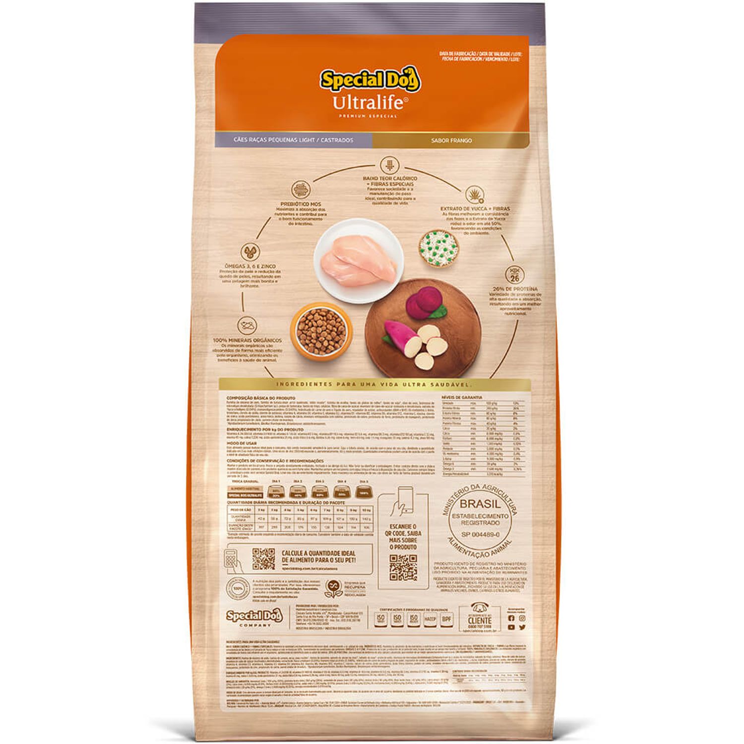 Verso da Ração Special Dog Ultralife Light Cães Castrados Raças Pequenas Frango