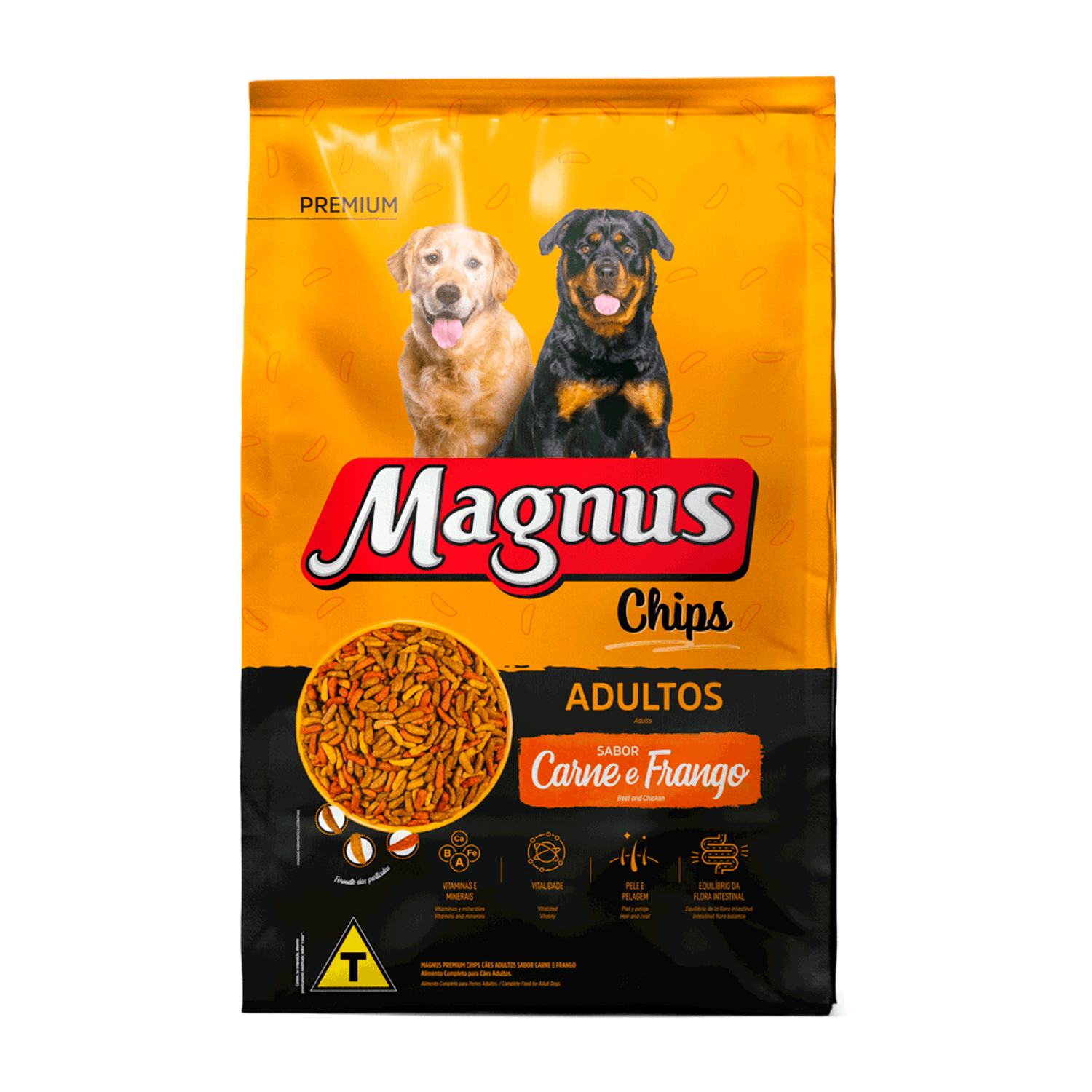 Frente da Ração Magnus Chips Cães Adultos Carne e Frango