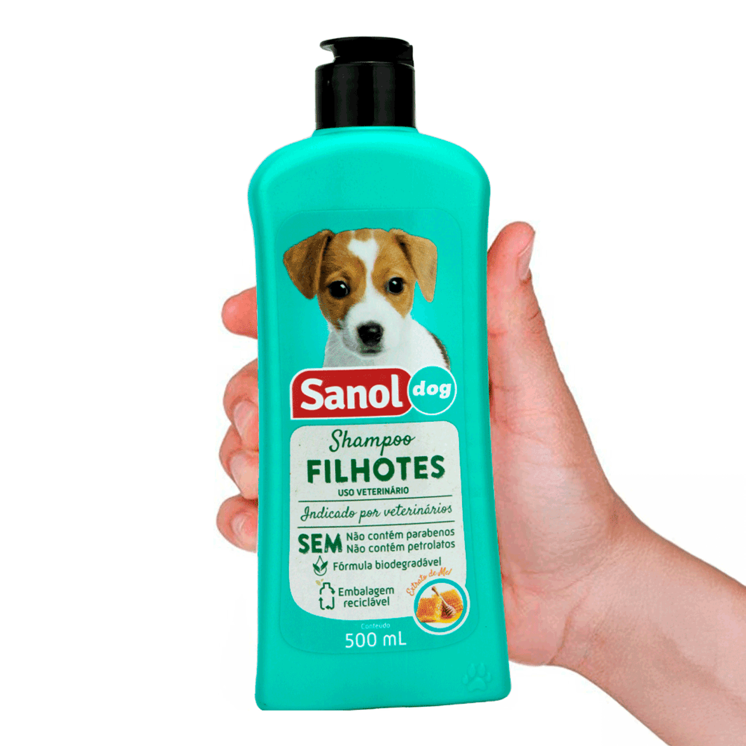 Segurando-o-Shampoo-para-Caes-Filhotes-Sanol