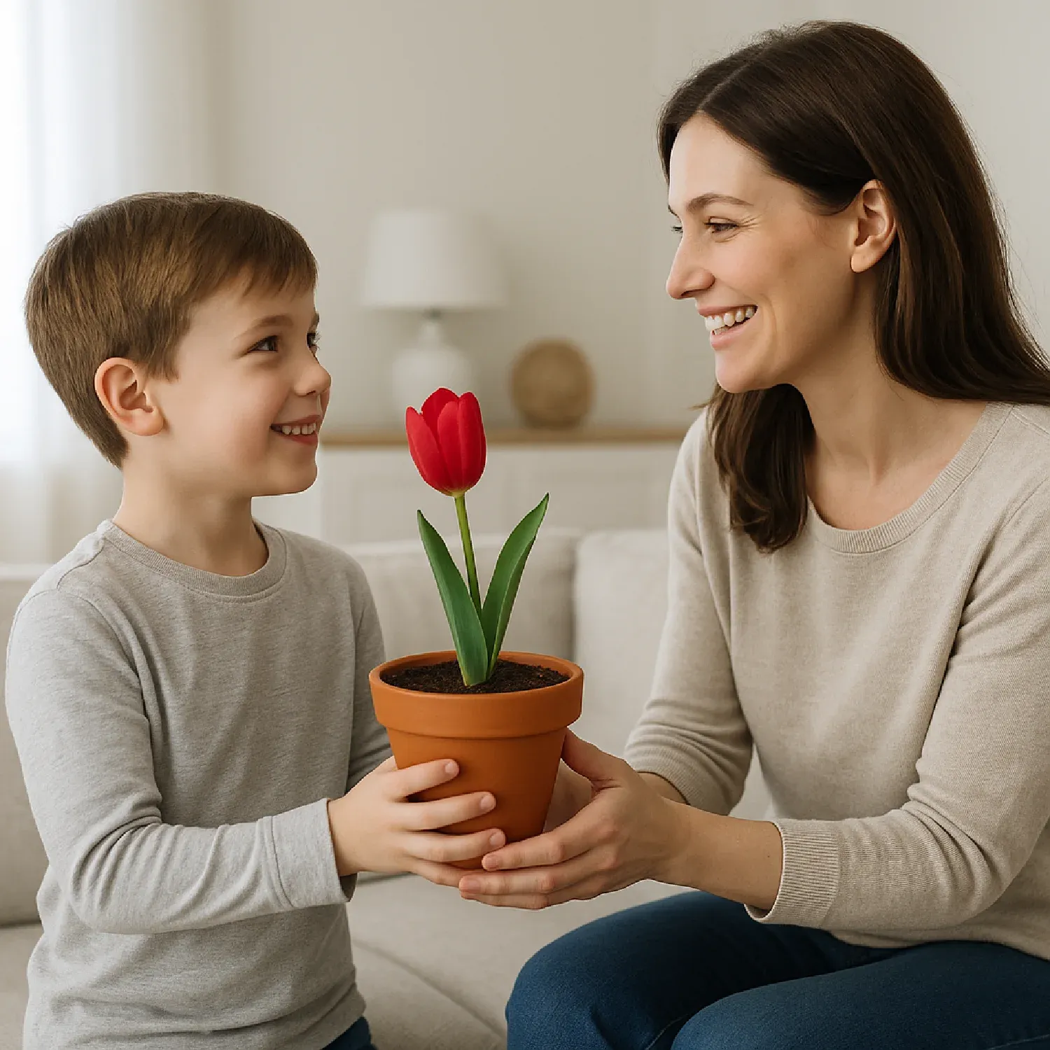 Filho-dando-tulipa-vermelha-de-presente-para-mae