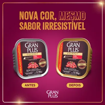 Troca-de-Embalagem-da-Racao-Umida-GranPlus-Gatos-Adultos-Pate-Gourmet-Carne