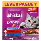 Ração Úmida Whiskas Sachê Gatos Adultos Castrados Carne e Peixe