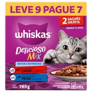 Ração Úmida Whiskas Sachê Gatos Adultos Castrados Carne e Peixe - Leve 9 Pague 7